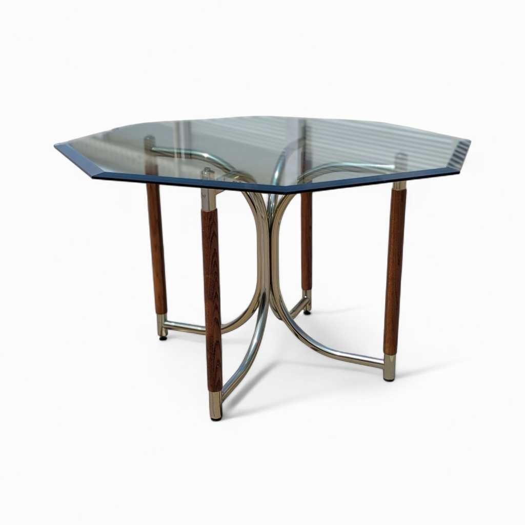 Postmoderne Table de salle à manger postmoderne en verre, base en laiton et bois de chêne, États-Unis, vers 1980 en vente