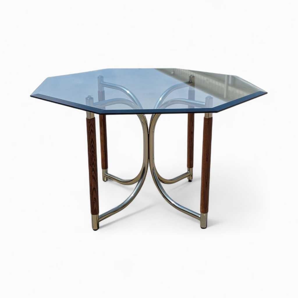 Table de salle à manger postmoderne en verre, base en laiton et bois de chêne, États-Unis, vers 1980 en vente 2