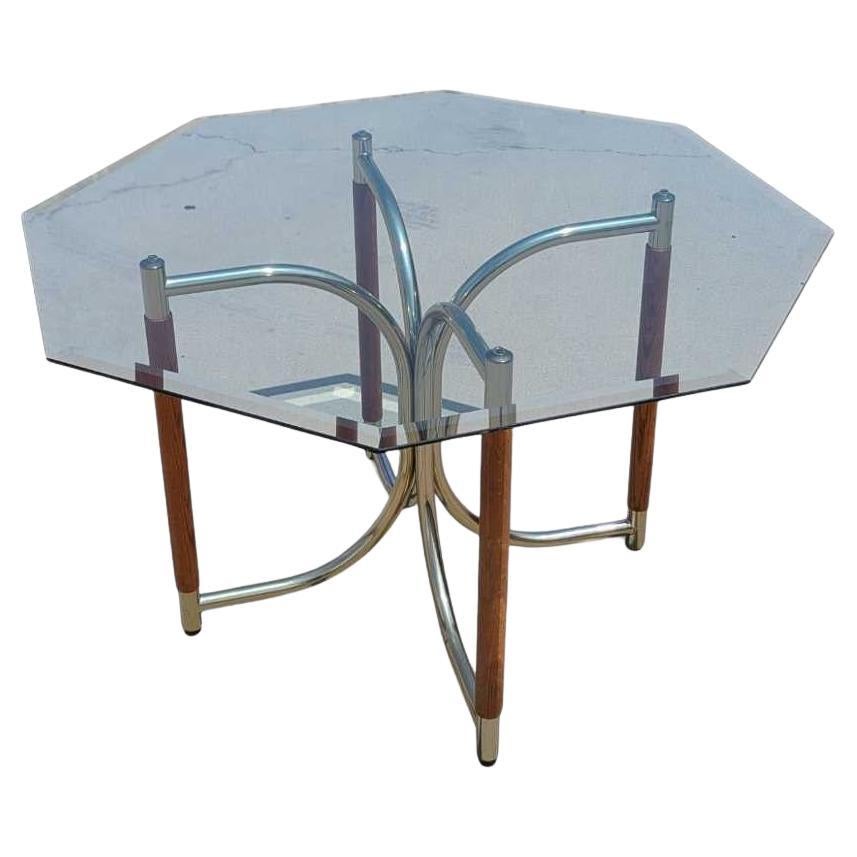 Postmodern Glass Dining Table, Brass & Oak Wood Base, USA, c. 1980s