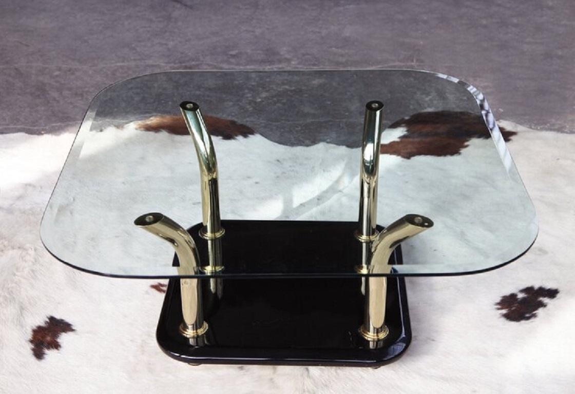 Hollywood Regency Postmodern Glass Lucite & Brass Coffee Table,  1980s For Sale