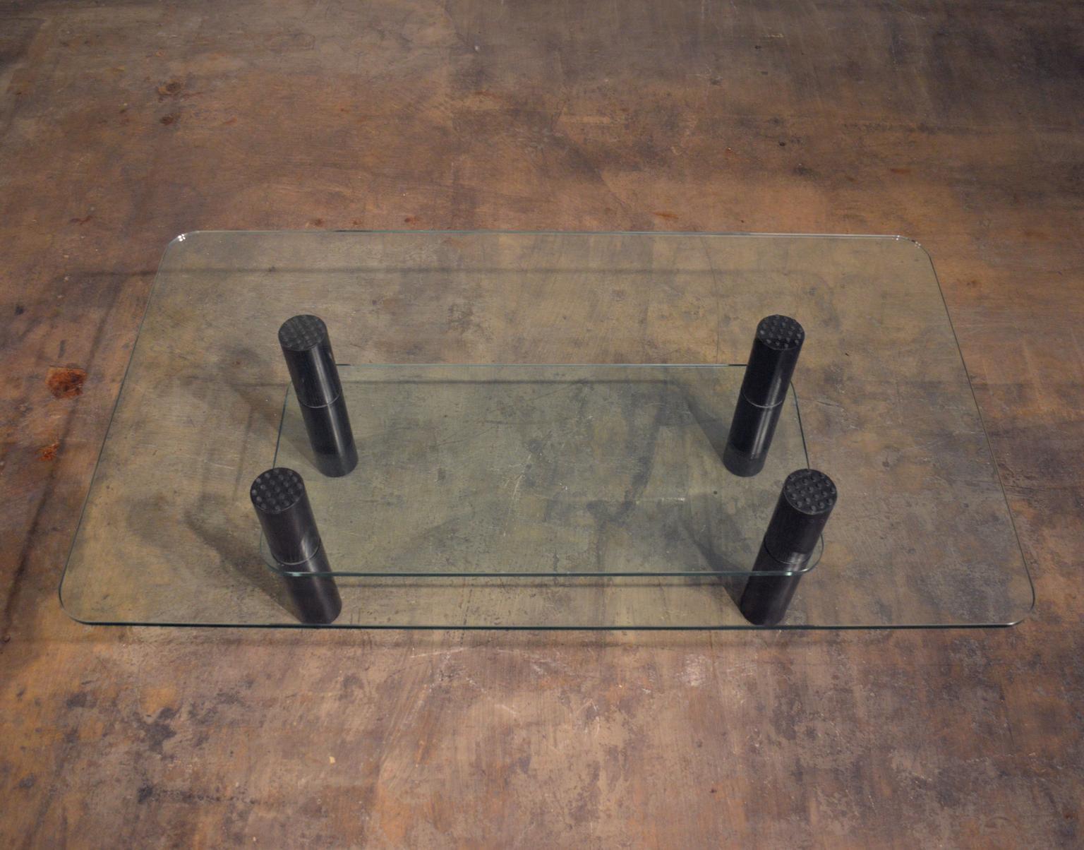 Beveled Alessi Post-Modern Glass, Wood, and Rubber Coffee Table c. 1980's For Sale