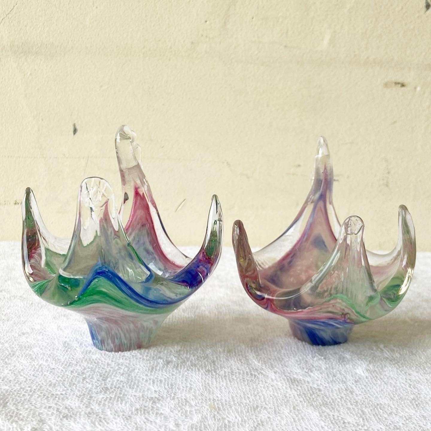 Postmodern Glass Swan Decorative Candy Dishes - a Pair In Good Condition For Sale In Delray Beach, FL
