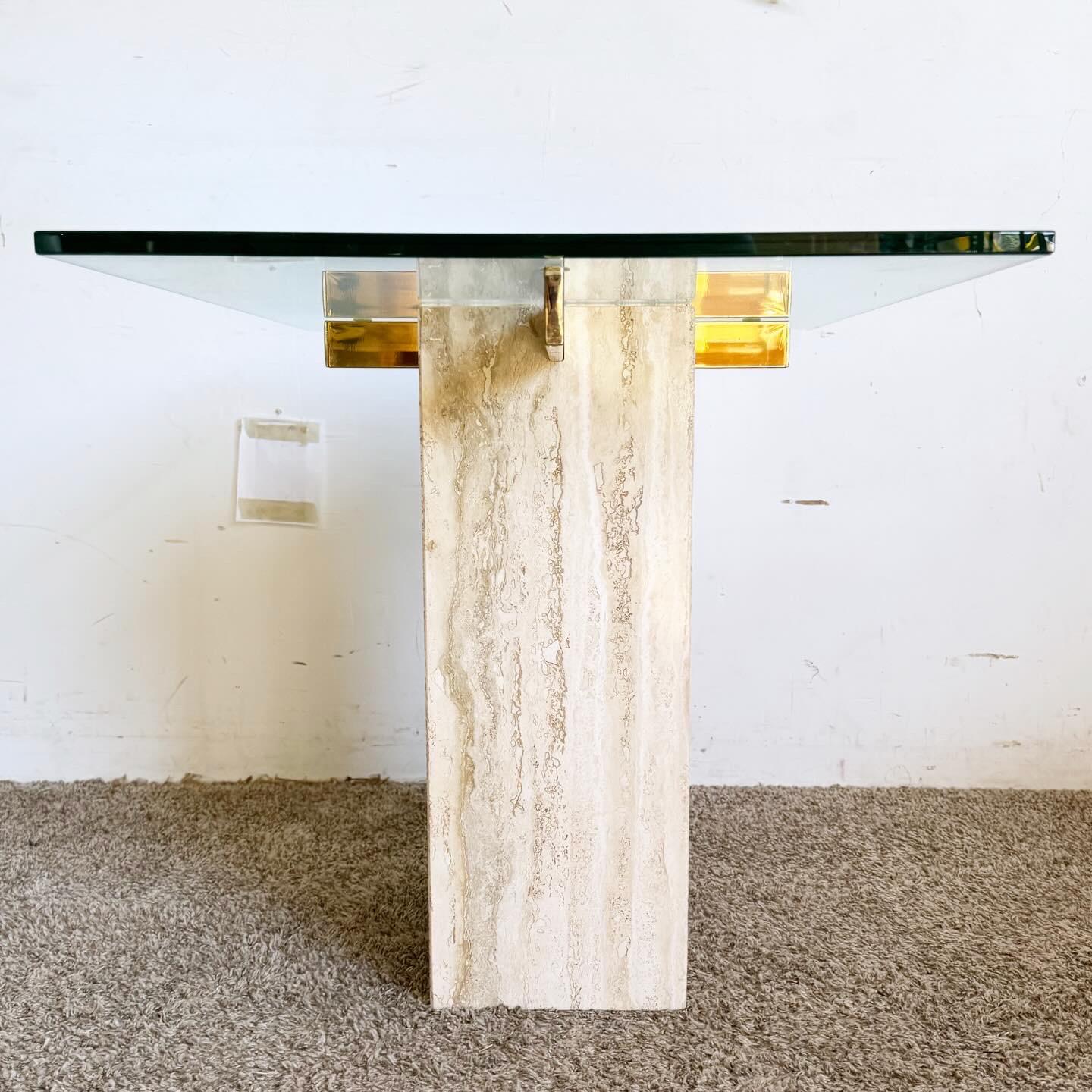 Postmodern Glass Top and Gold Travertine Side Table For Sale 4