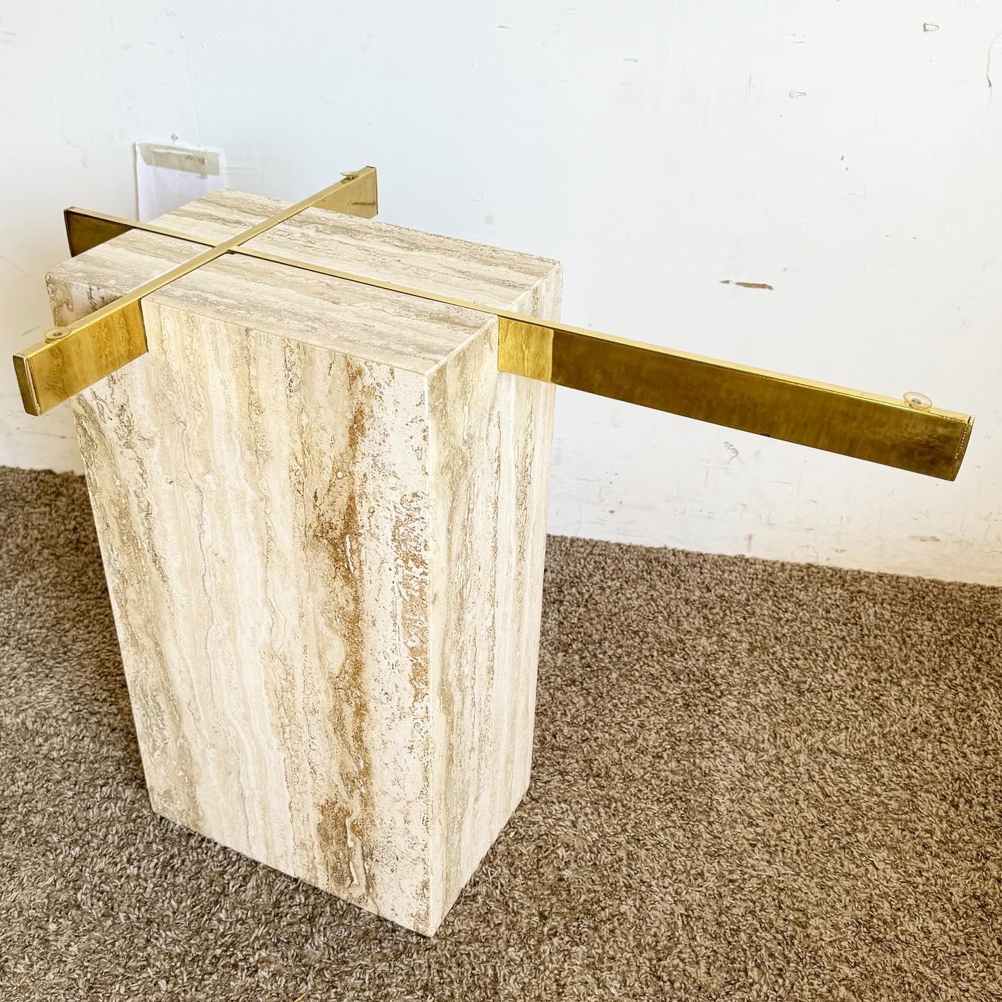 Post-Modern Postmodern Glass Top and Gold Travertine Side Table For Sale