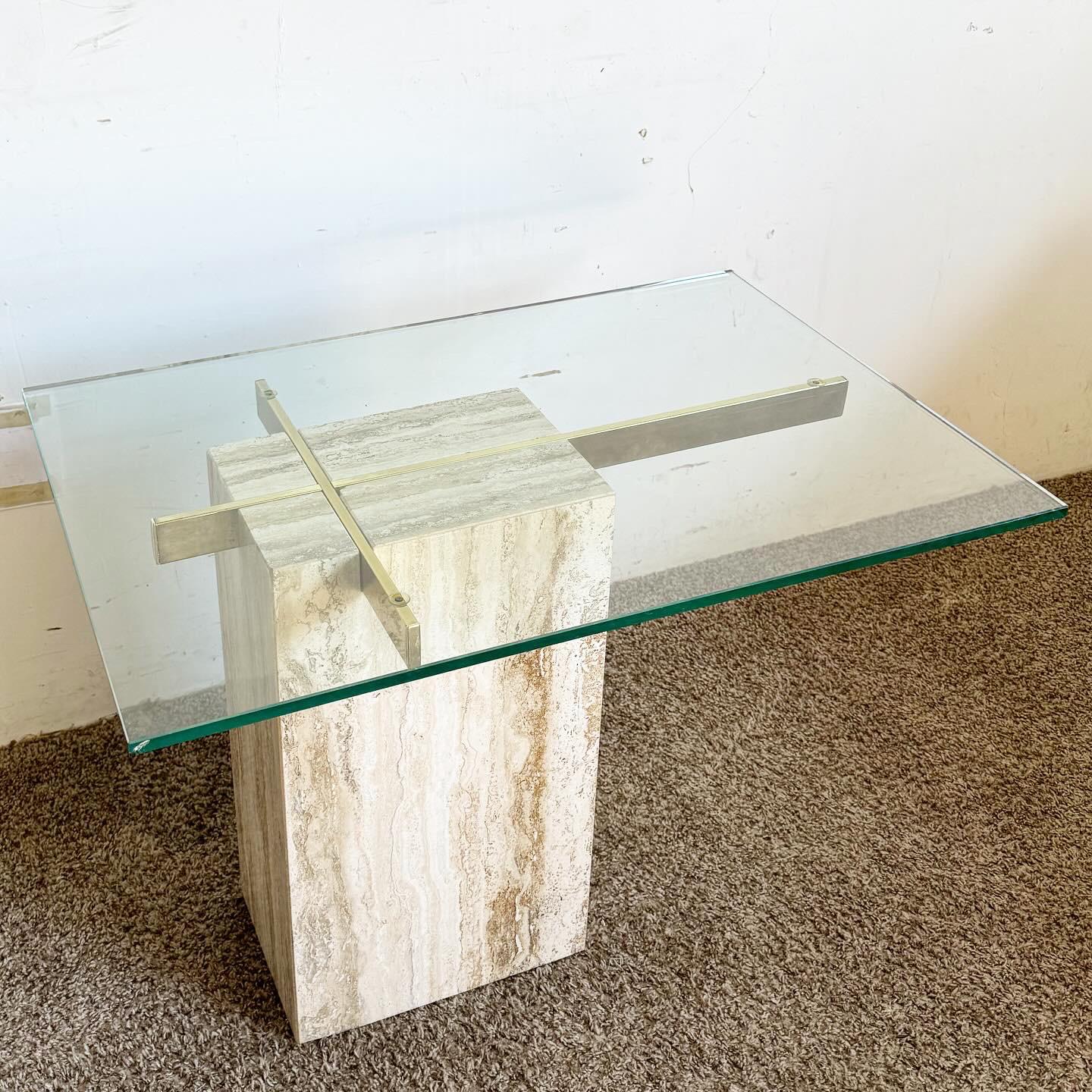 Postmodern Glass Top and Gold Travertine Side Table In Good Condition For Sale In Delray Beach, FL
