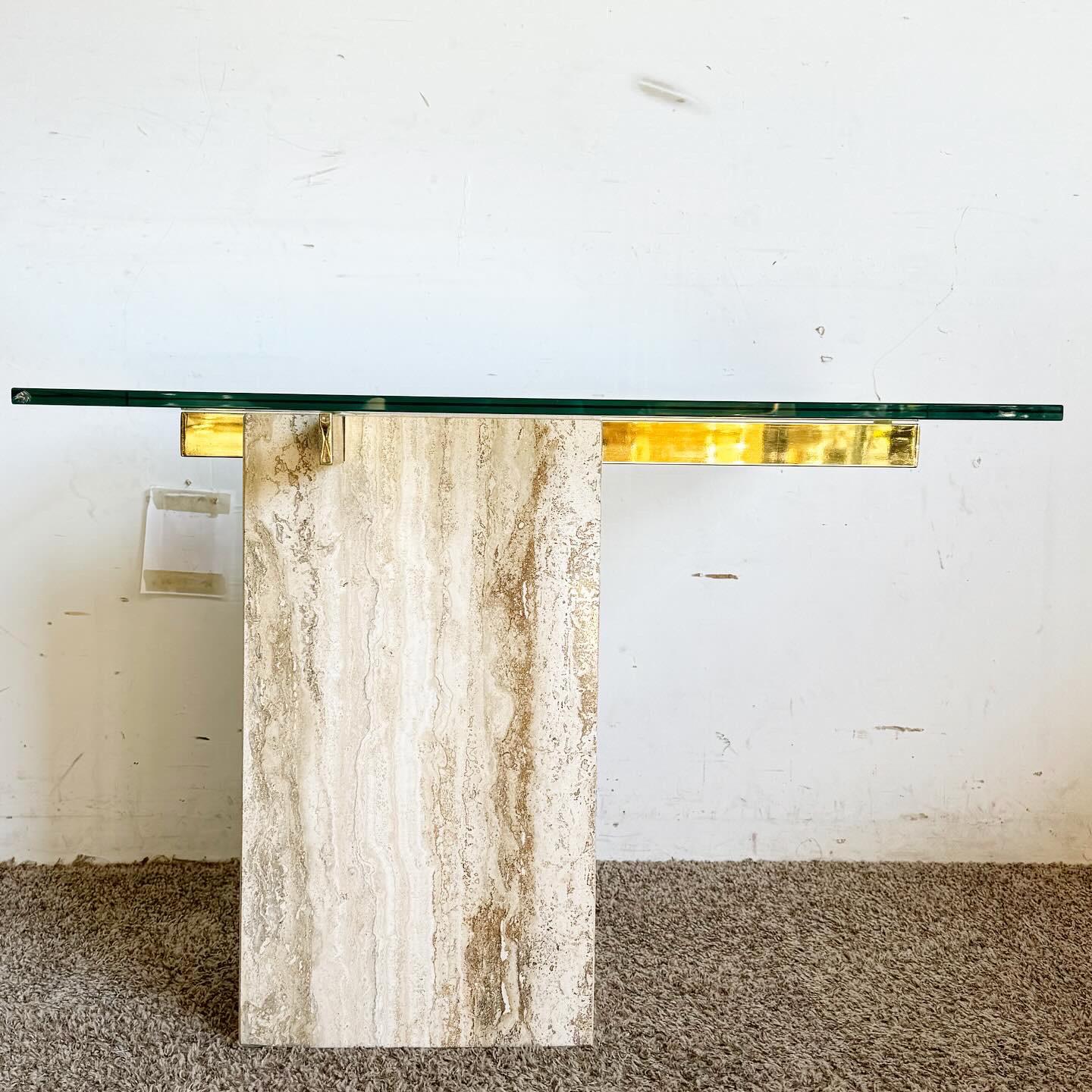 Postmodern Glass Top and Gold Travertine Side Table For Sale 1