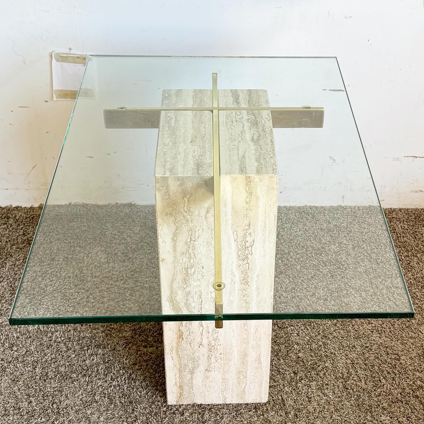 Postmodern Glass Top and Gold Travertine Side Table For Sale 2