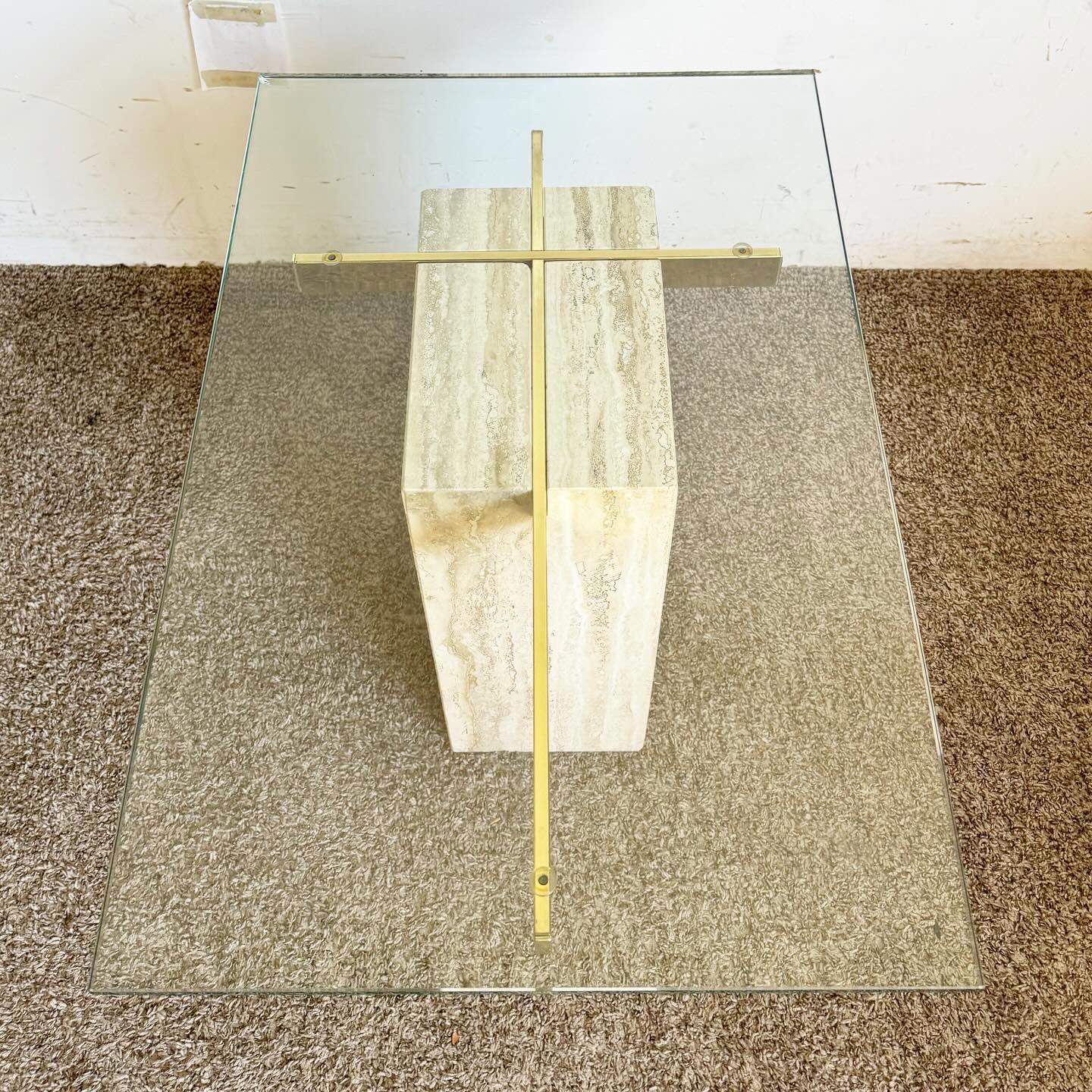 Postmodern Glass Top and Gold Travertine Side Table For Sale 3