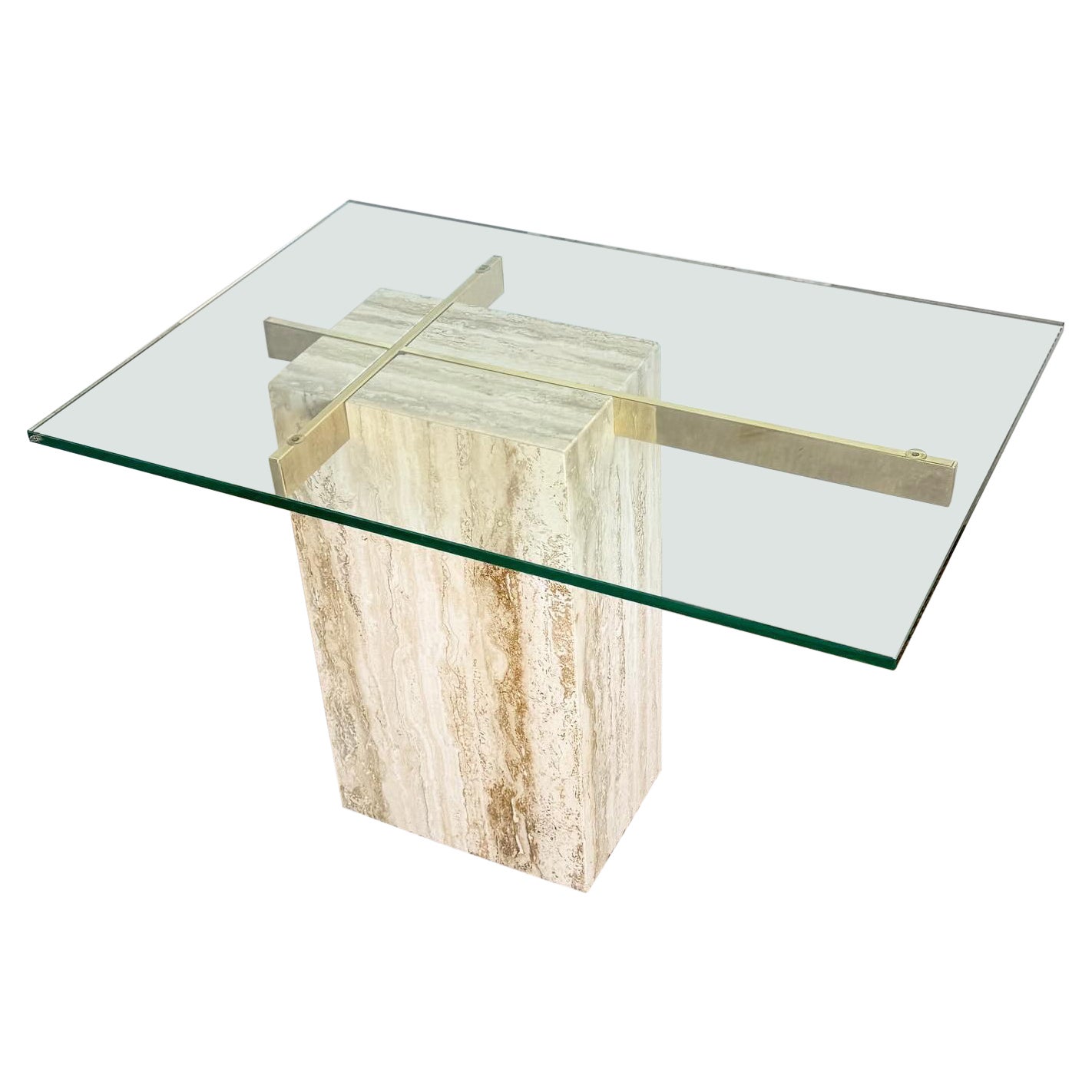 Mesa auxiliar postmoderna de cristal y travertino dorado
