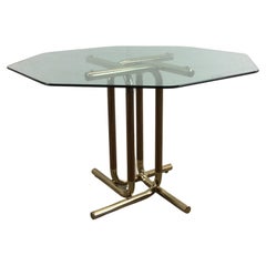 Postmodern Glass Top Dining Table with Brass & Oak Base