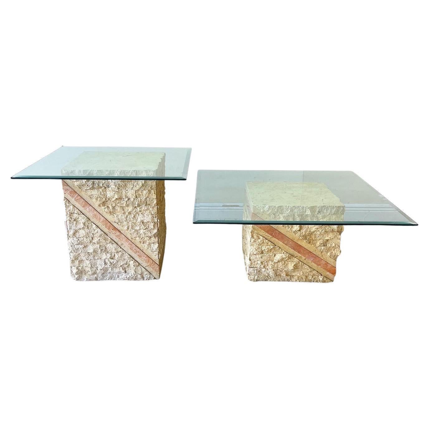 Postmodern Glass Top Tessellated Beige and Pink Stone Coffee & Side Table Set