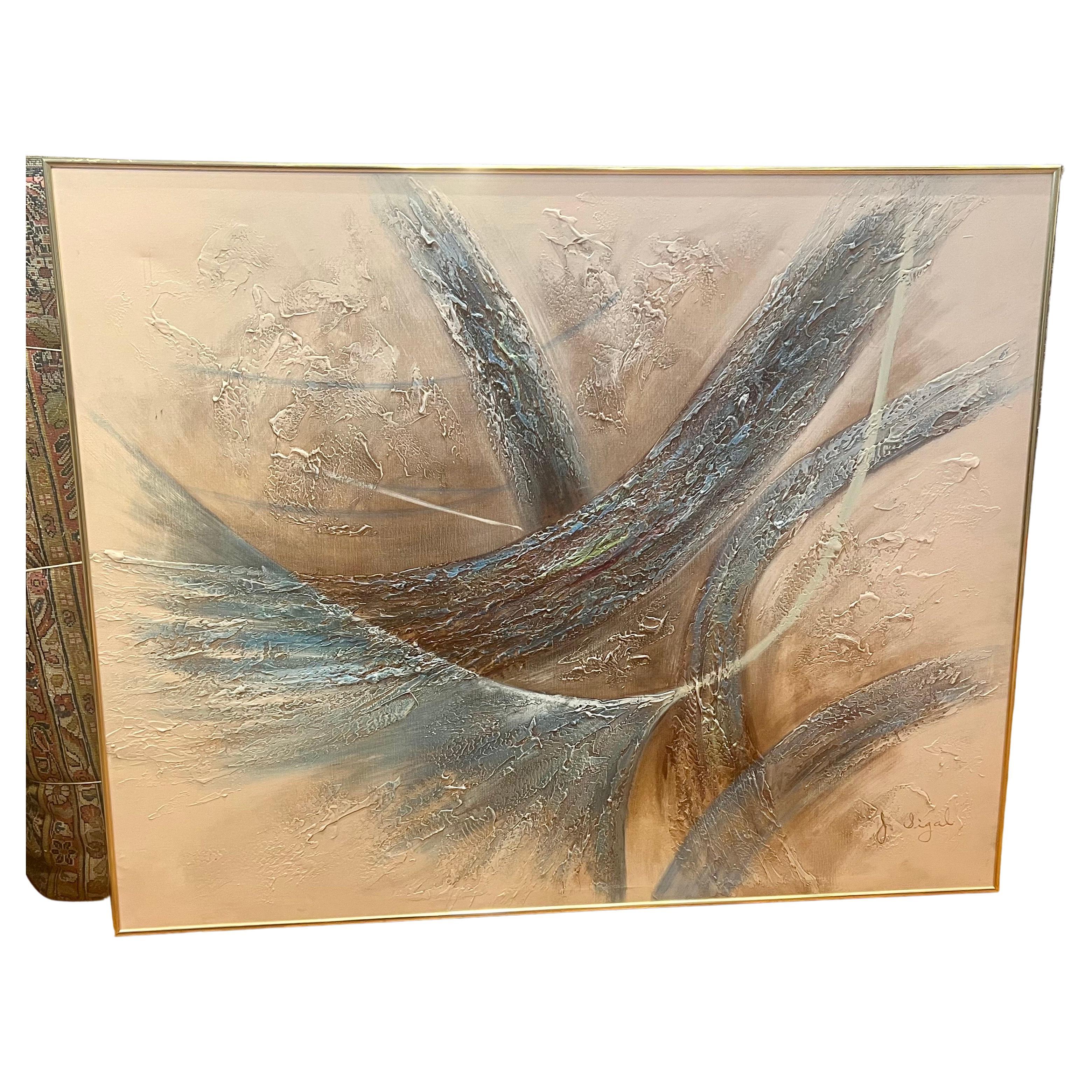 Beautiful colors on this large abstract painting palette, signed by Sigal circa 1980s nicely framed in aluminum with gold-tone, a great statement piece to fill a big wall. 
