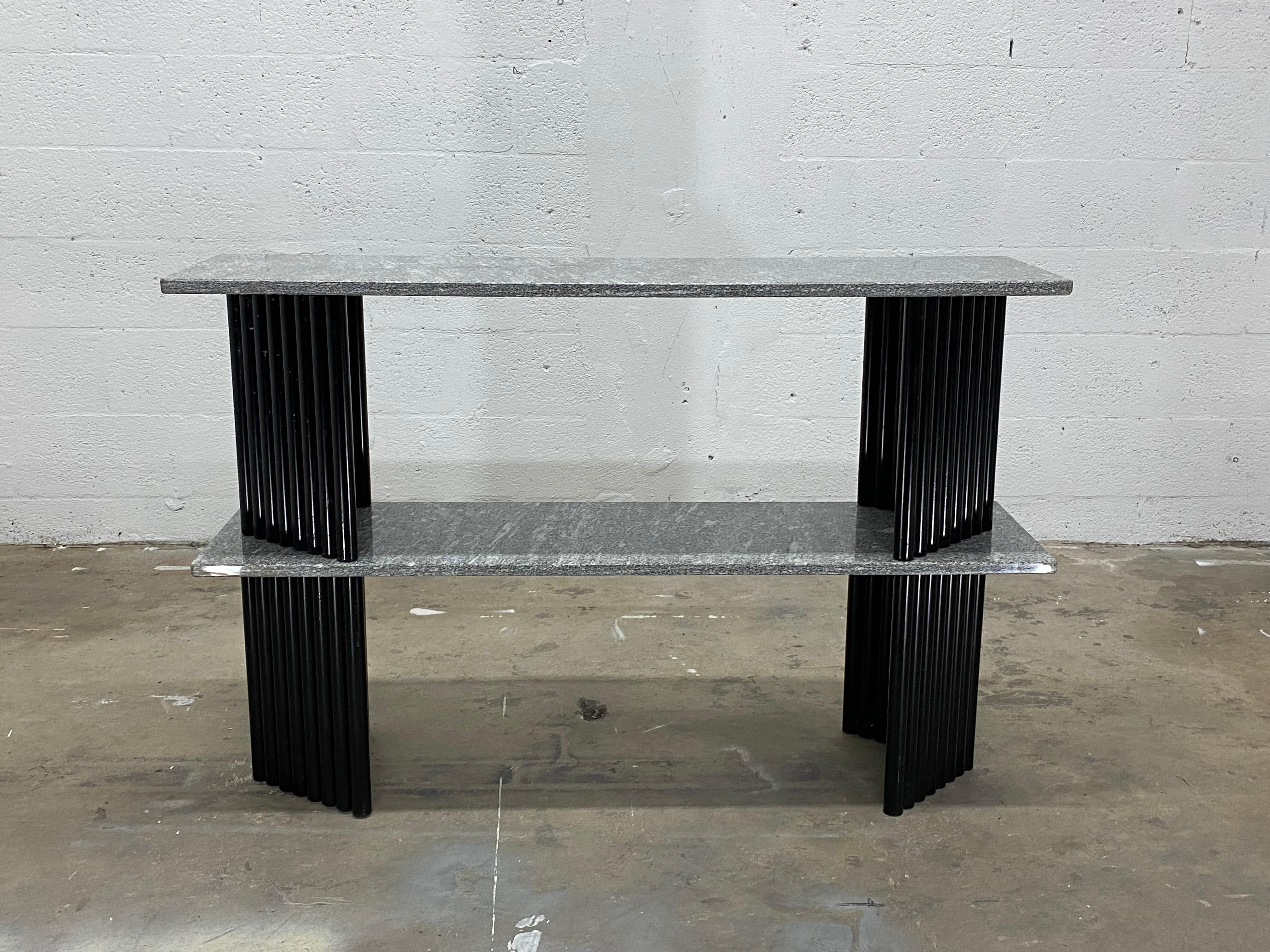 Metal Postmodern Granite and Black Tubular Steel Base Coffee or Side Tables, a Pair For Sale