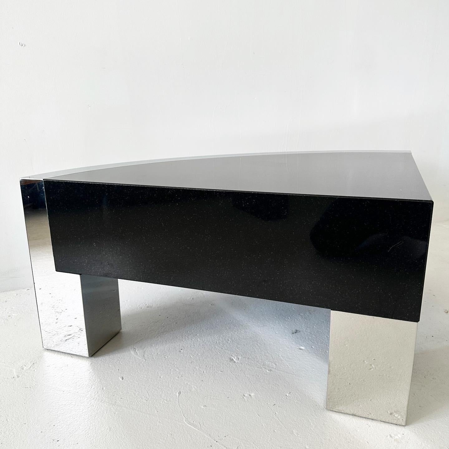 Chrome postmodern granite and mirrored chrome rounded corner table For Sale