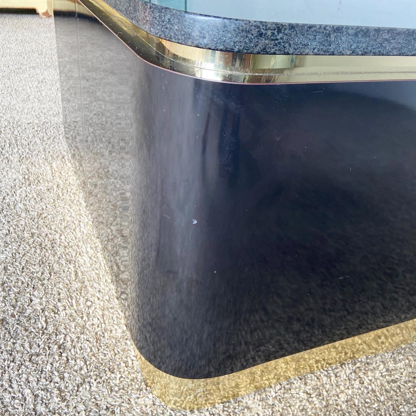 Postmodern Granite Top Black Lacquer Laminate and Gold Coffee Table In Good Condition For Sale In Delray Beach, FL