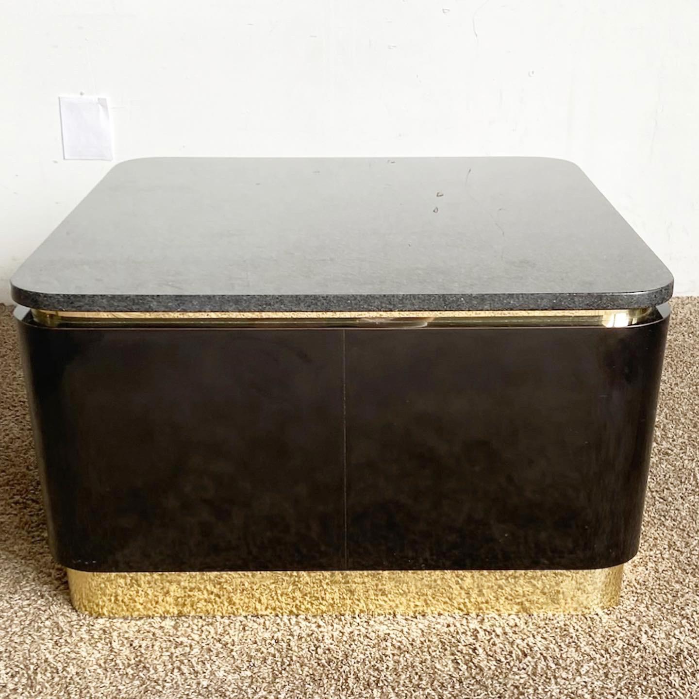 20th Century Postmodern Granite Top Black Lacquer Laminate and Gold Coffee Table For Sale