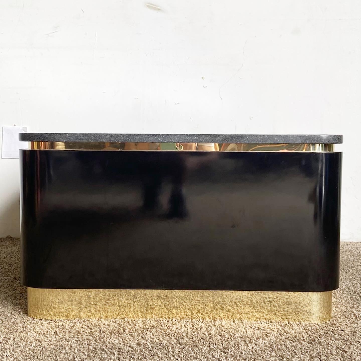 Postmodern Granite Top Black Lacquer Laminate and Gold Coffee Table For Sale 1