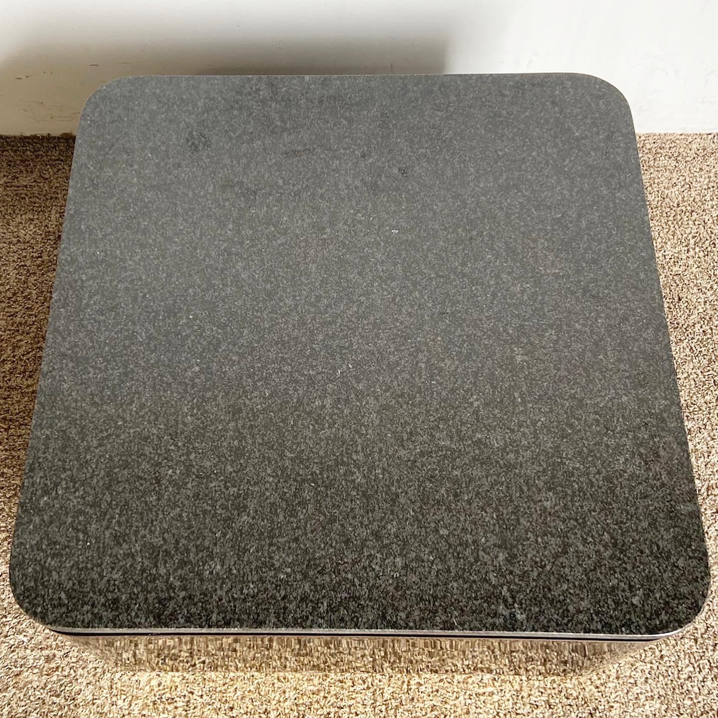 Postmodern Granite Top Black Lacquer Laminate and Gold Coffee Table For Sale 2