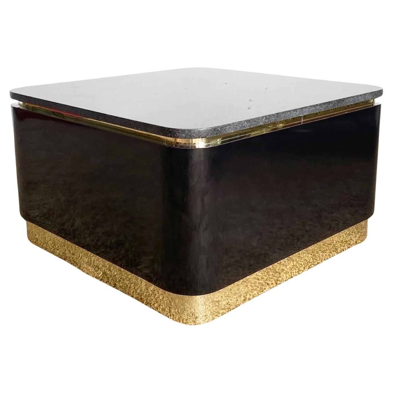 Postmodern Granite Top Black Lacquer Laminate and Gold Coffee Table For Sale