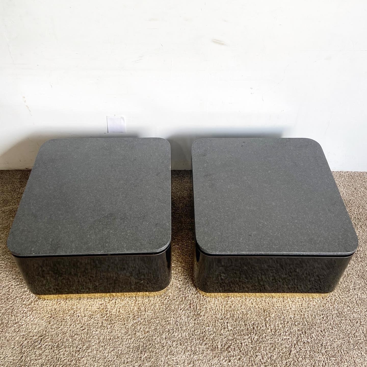 Postmodern Granite Top Black Lacquer Laminate and Gold Side Tables For Sale 4