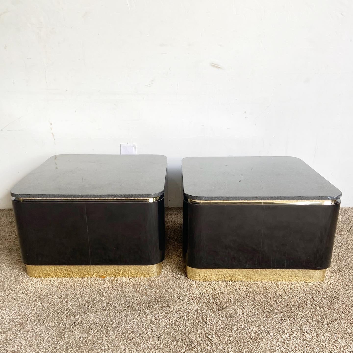 Post-Modern Postmodern Granite Top Black Lacquer Laminate and Gold Side Tables For Sale