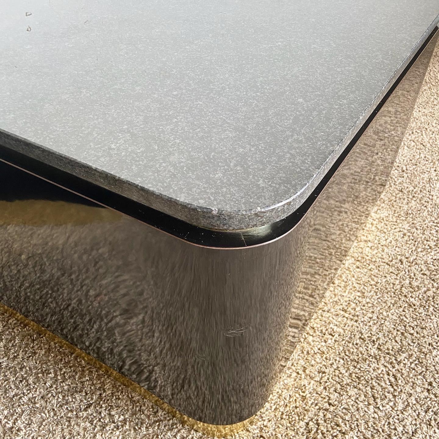American Postmodern Granite Top Black Lacquer Laminate and Gold Side Tables For Sale