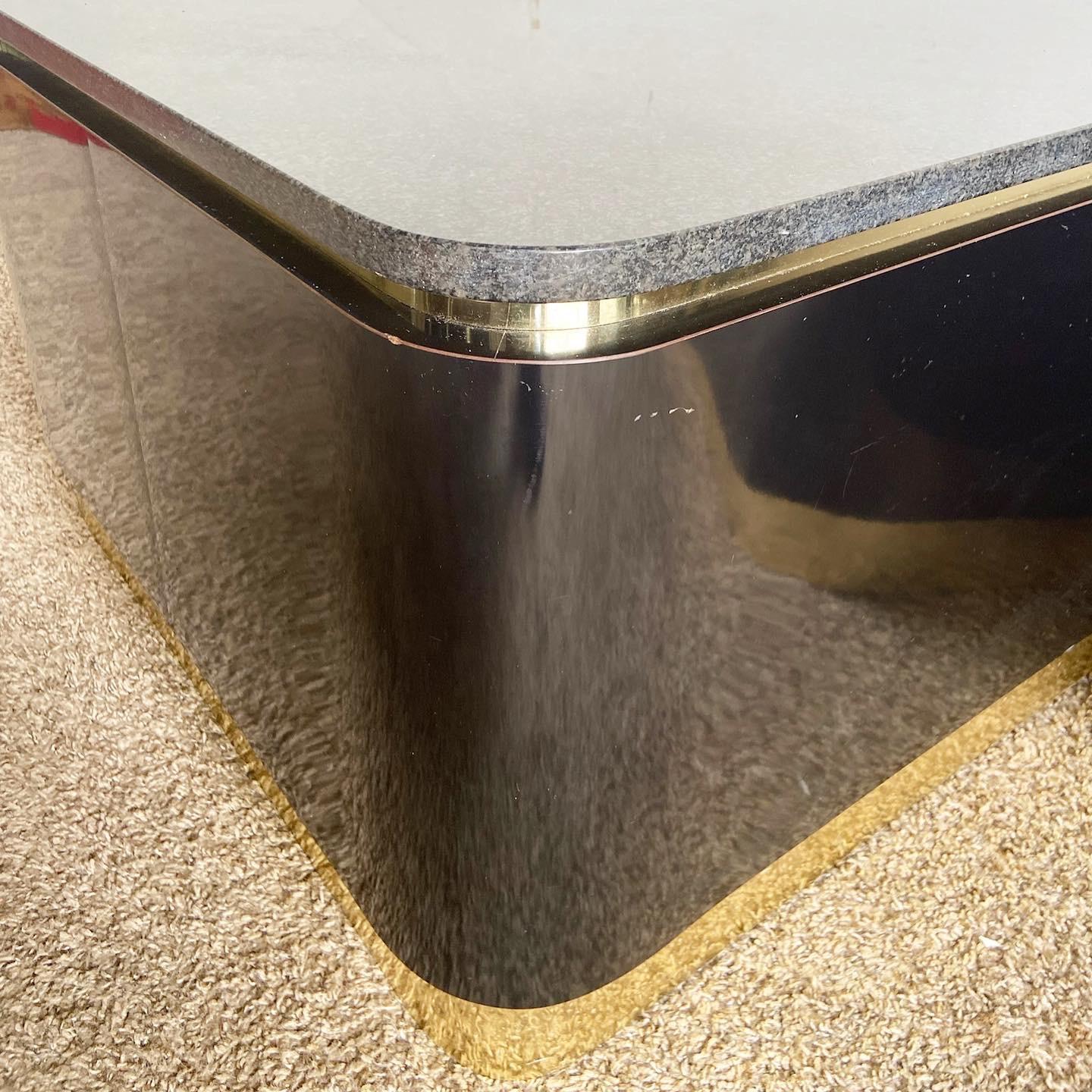 20th Century Postmodern Granite Top Black Lacquer Laminate and Gold Side Tables For Sale