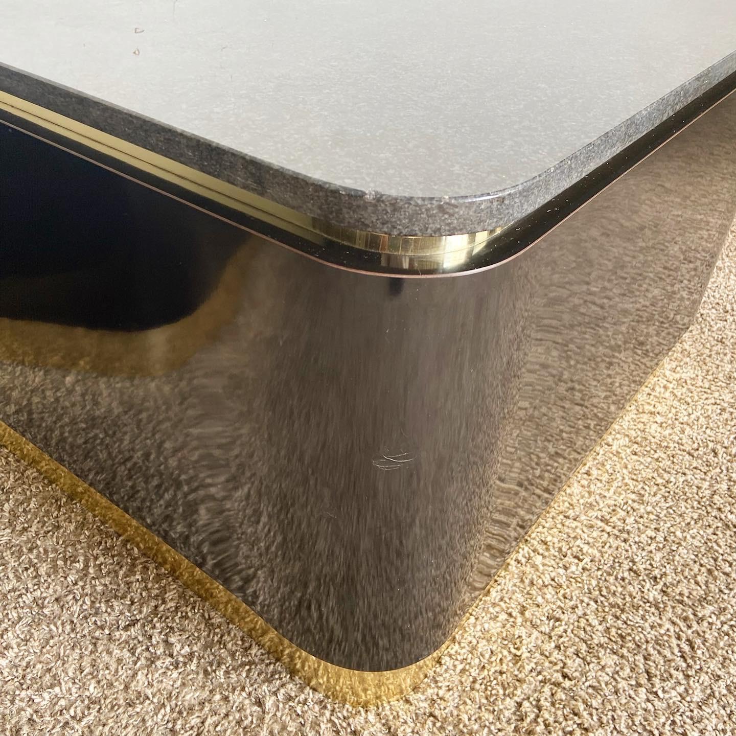 Postmodern Granite Top Black Lacquer Laminate and Gold Side Tables For Sale 2