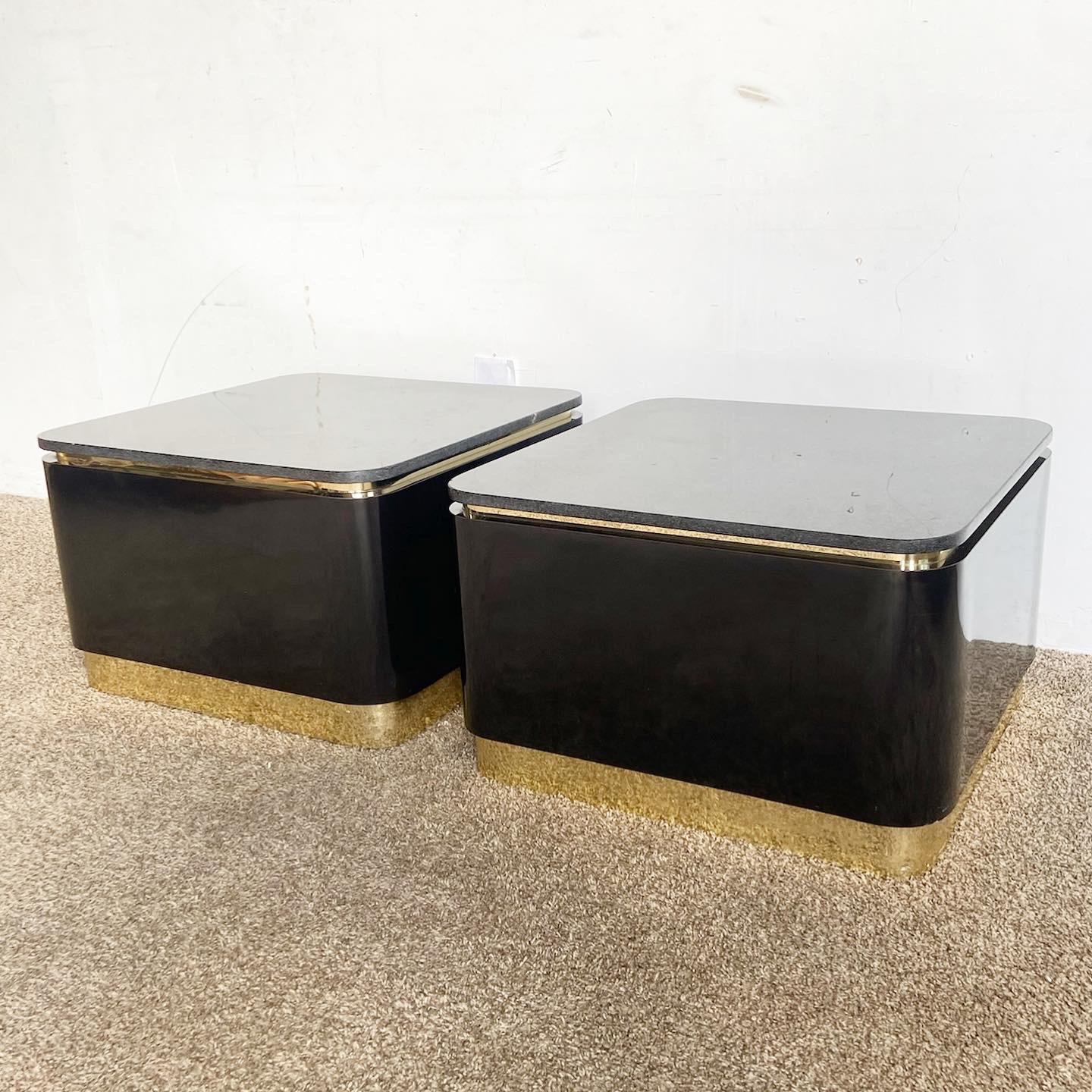 Postmodern Granite Top Black Lacquer Laminate and Gold Side Tables For Sale 3