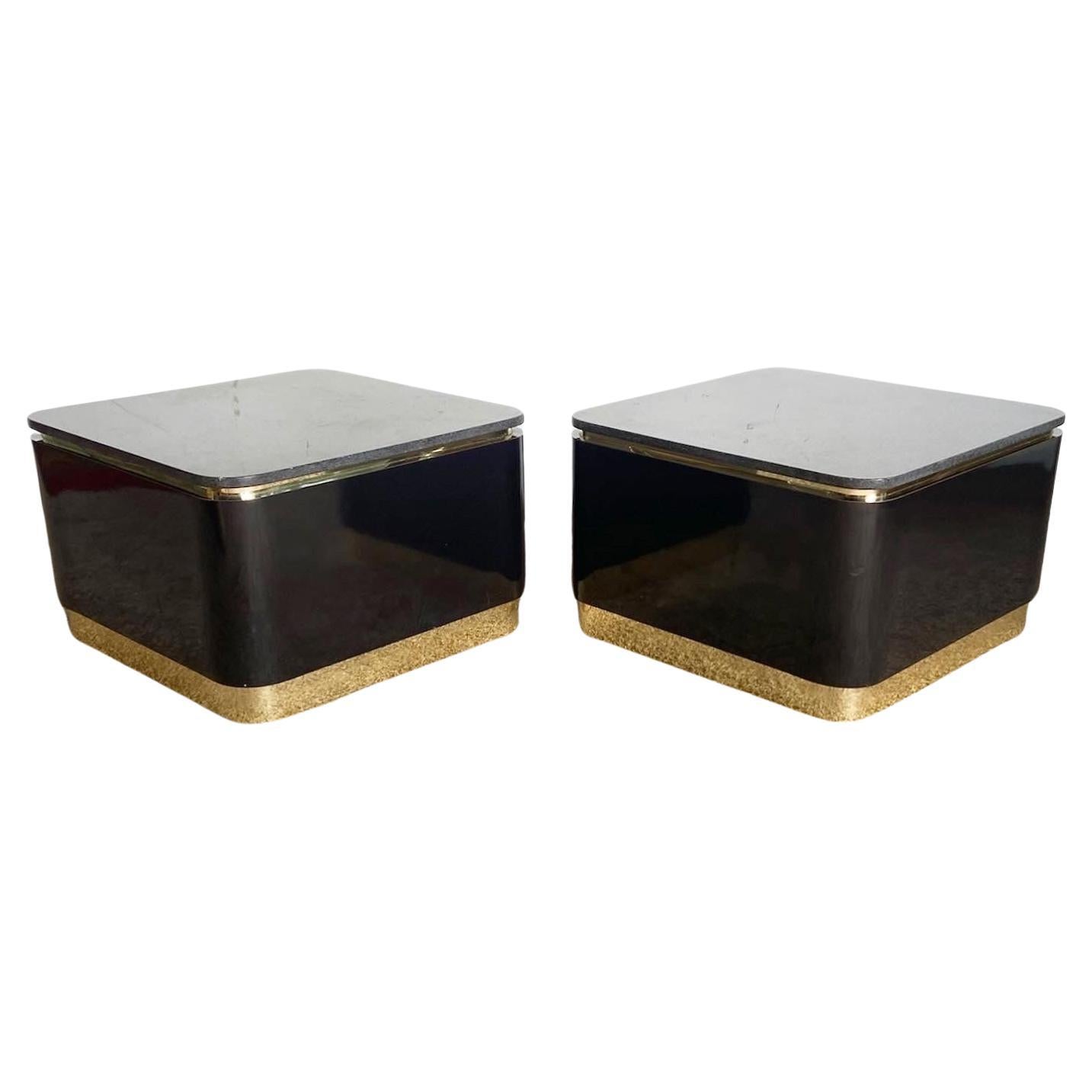 Postmodern Granite Top Black Lacquer Laminate and Gold Side Tables For Sale
