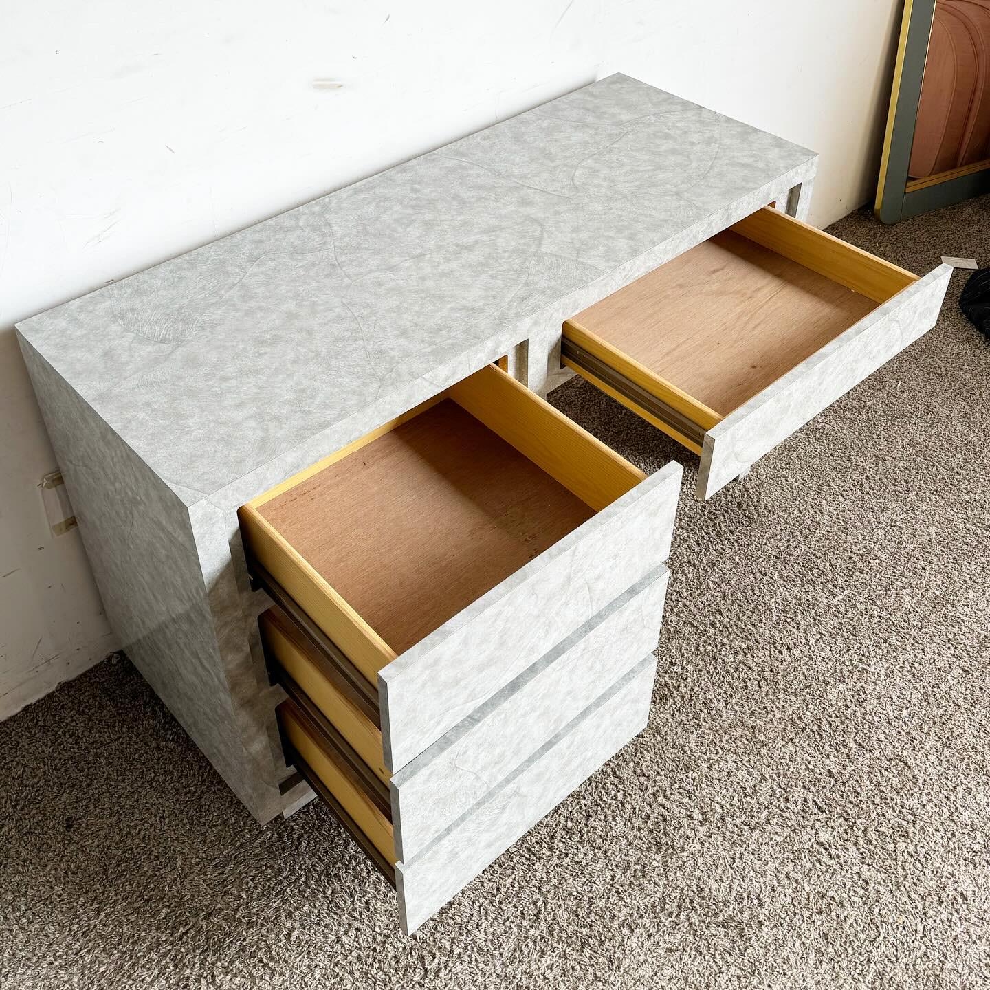 Postmodern Gray Faux Stone Laminate Writing Desk - 4 Drawers In Good Condition For Sale In Delray Beach, FL