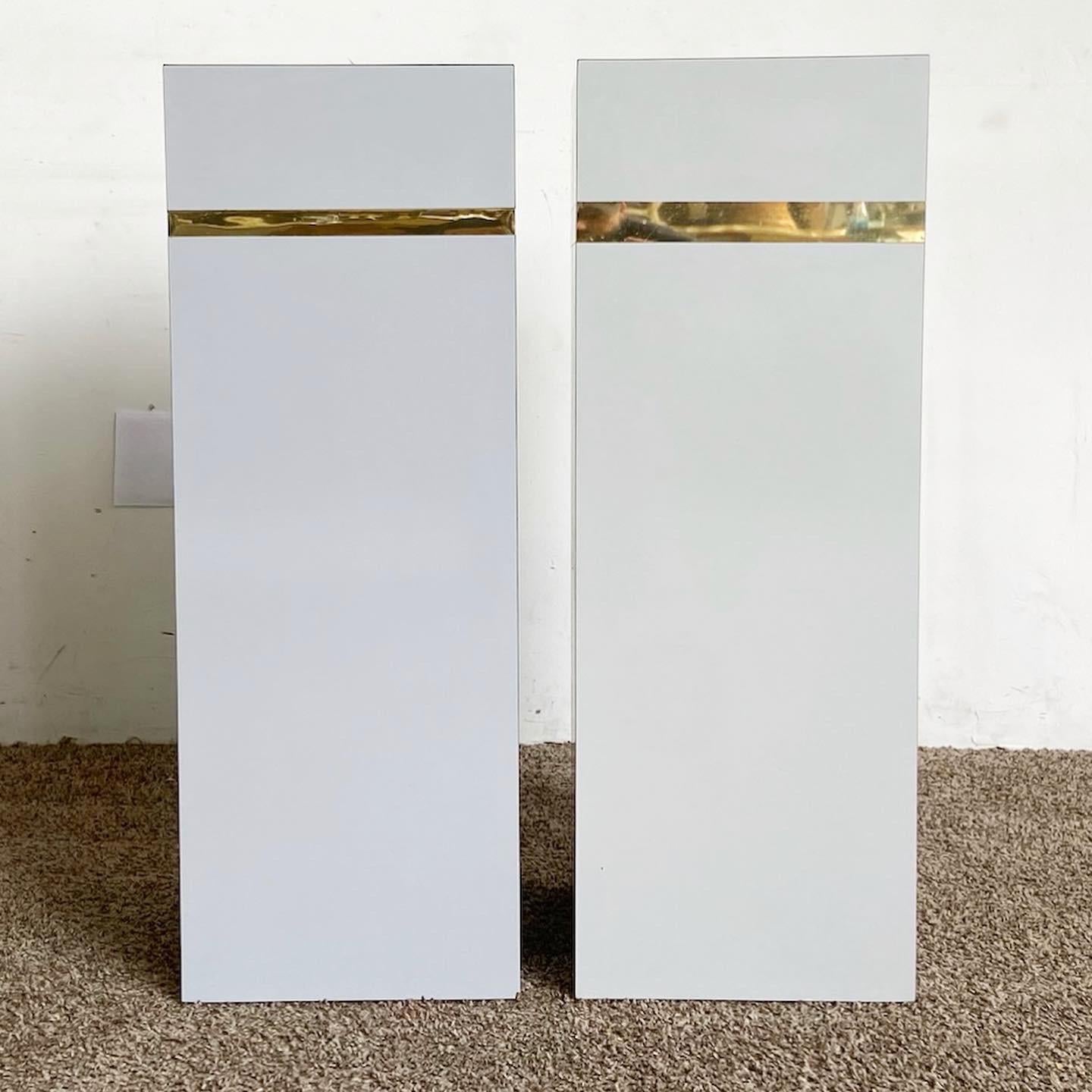 Post-Modern Postmodern Gray Lacquer Laminate and Gold Rectangular Pedestals - a Pair For Sale