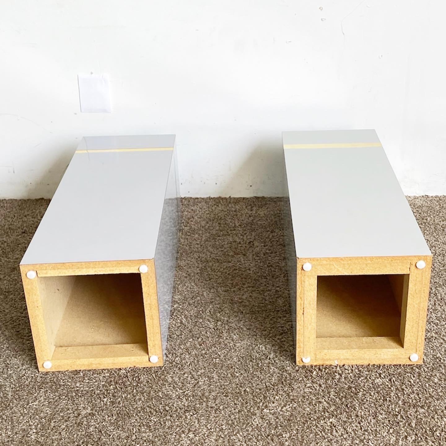 Wood Postmodern Gray Lacquer Laminate and Gold Rectangular Pedestals - a Pair For Sale