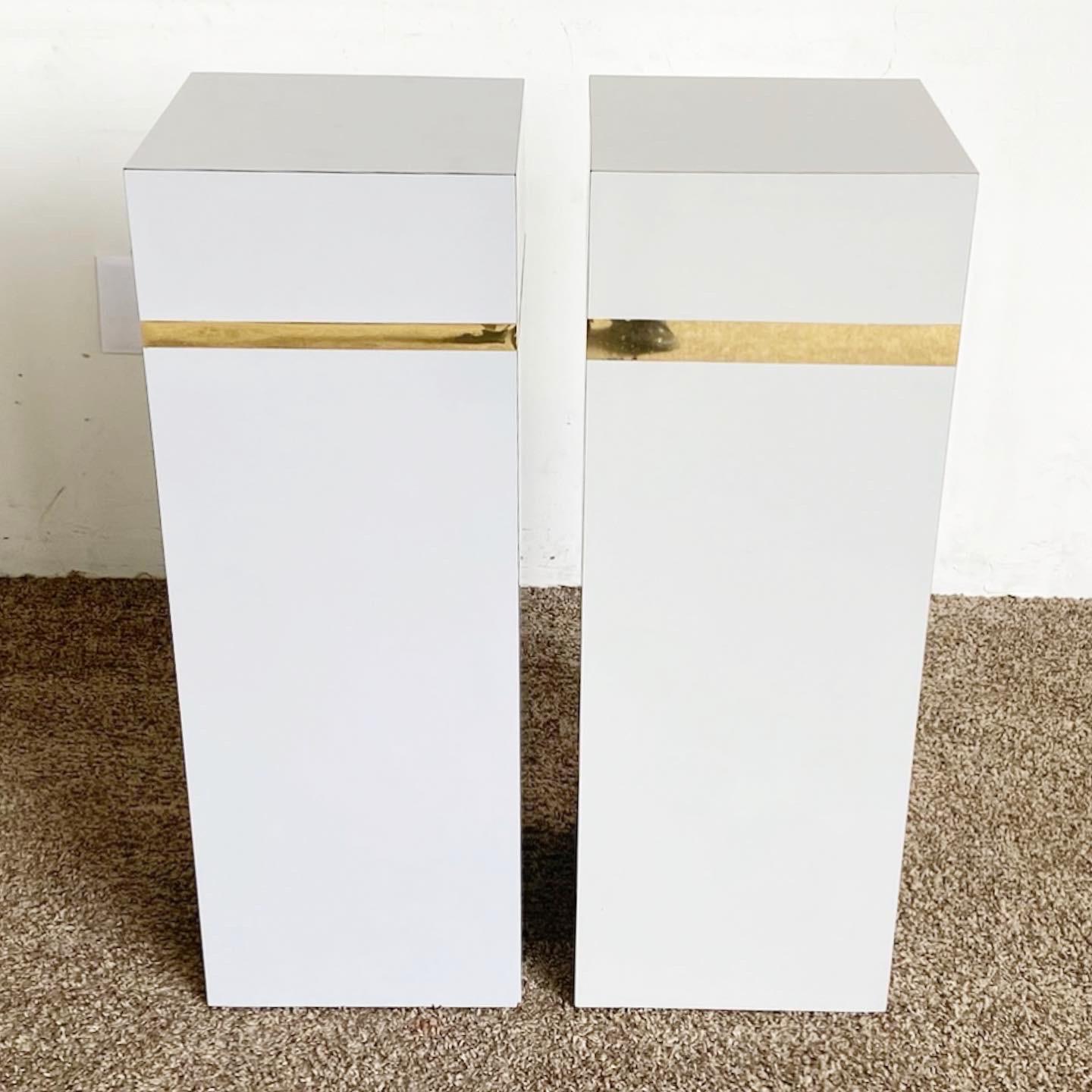 Postmodern Gray Lacquer Laminate and Gold Rectangular Pedestals - a Pair For Sale 2