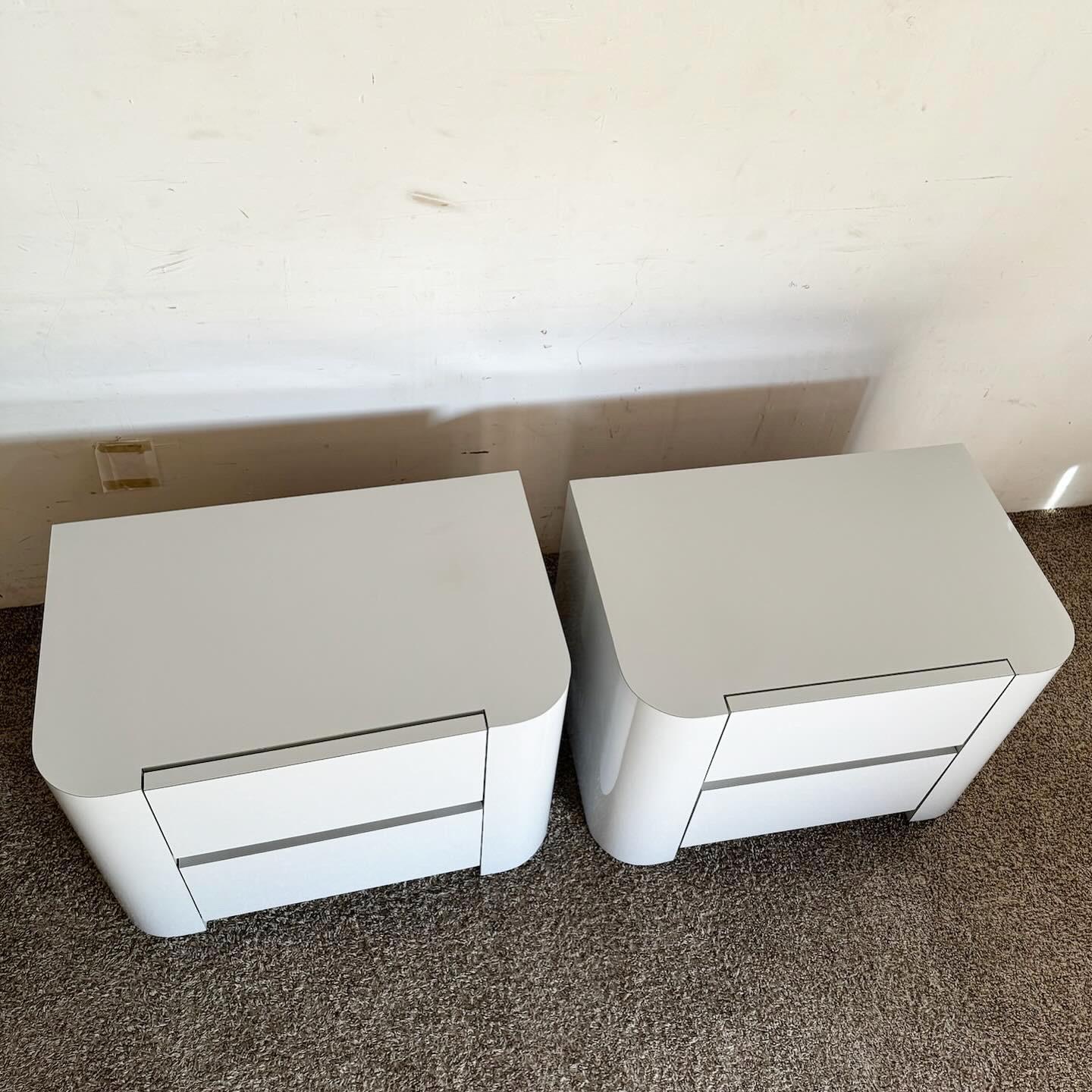 American Postmodern Gray Lacquer Laminate Nightstands - a Pair For Sale