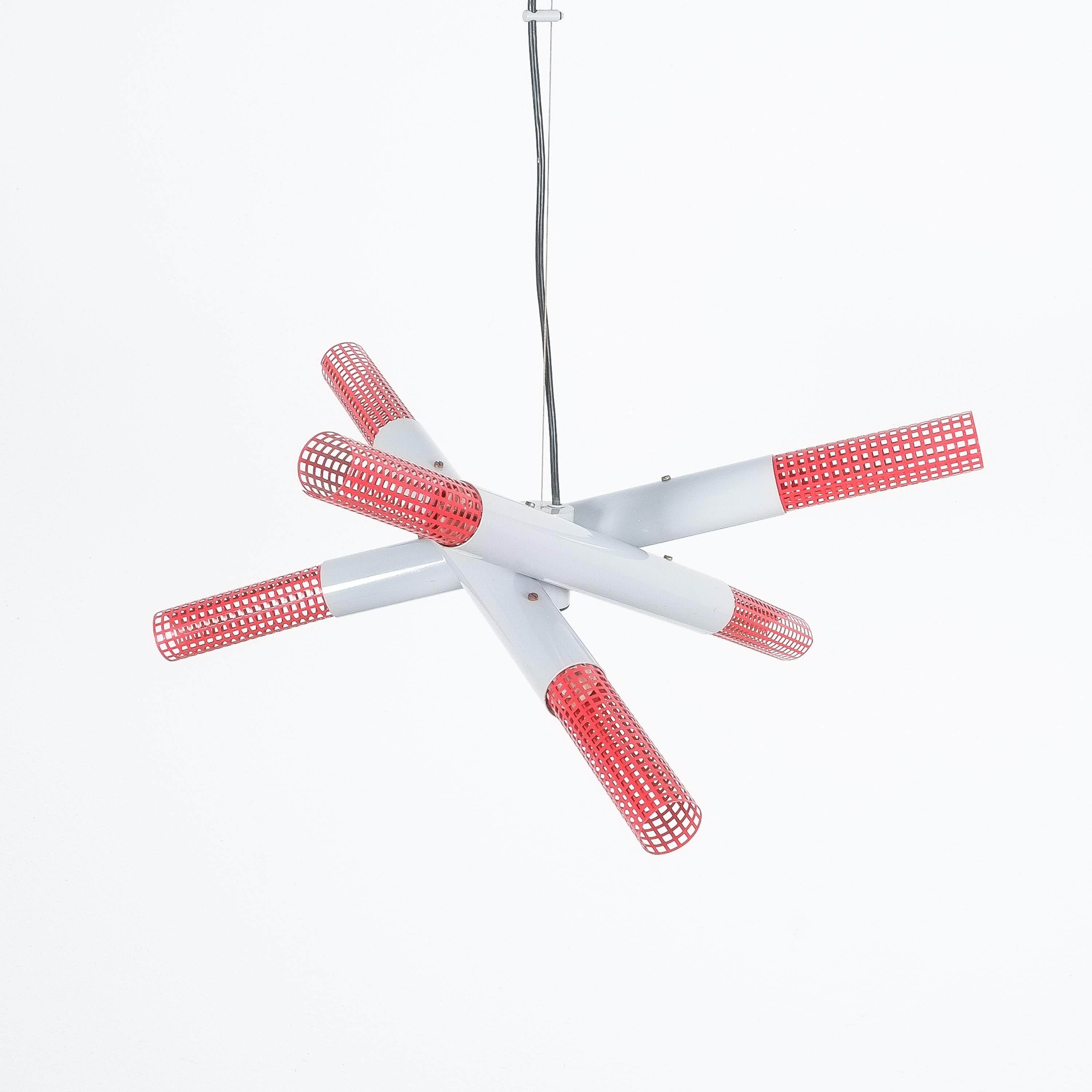Lacquered Postmodern Gray Red Metal Atomic Chandelier, circa 1980