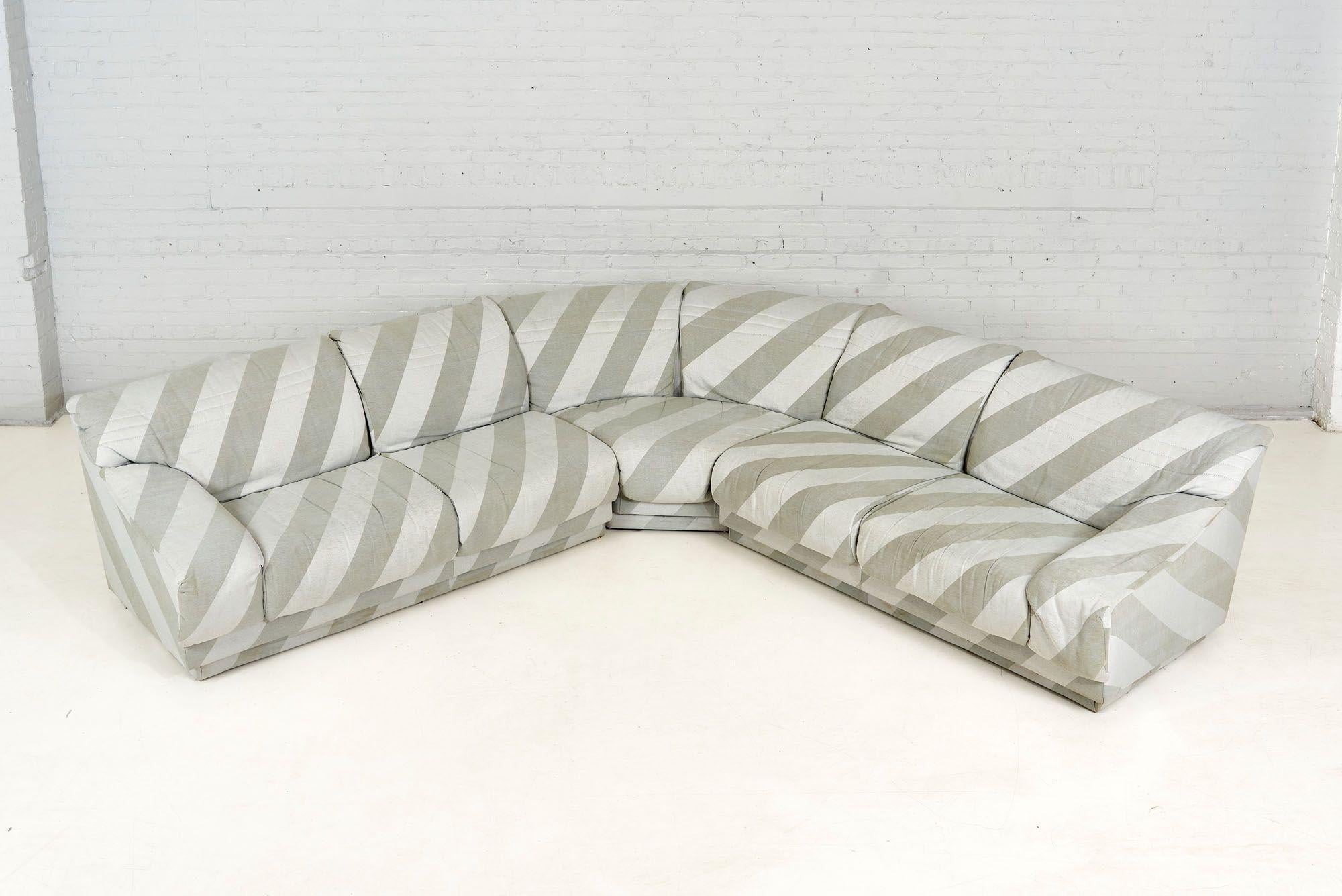 Postmodern grey striped 3 piece sectional, 1980.