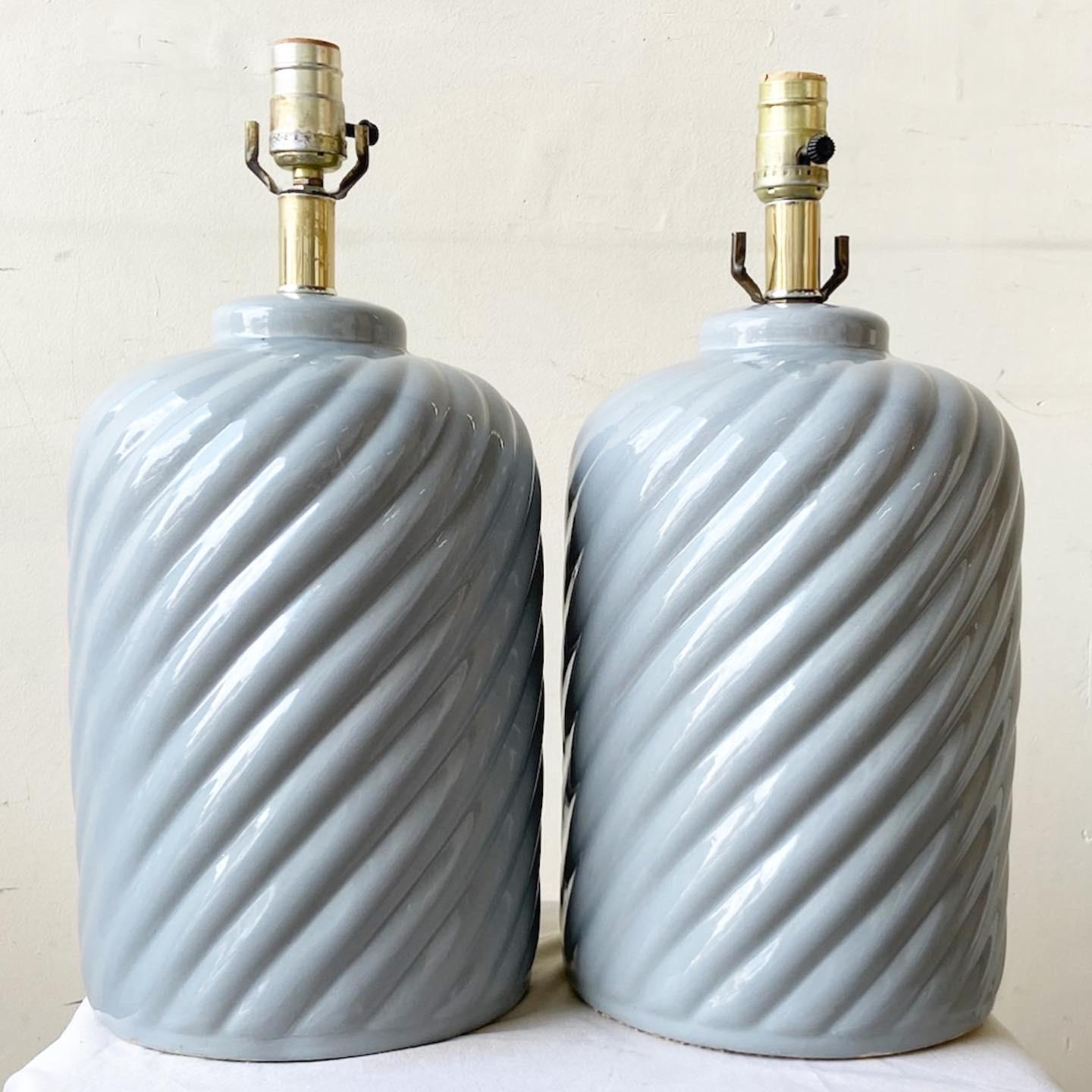 Post-Modern Postmodern Gray Swirl Ceramic Table Lamps, a Pair For Sale