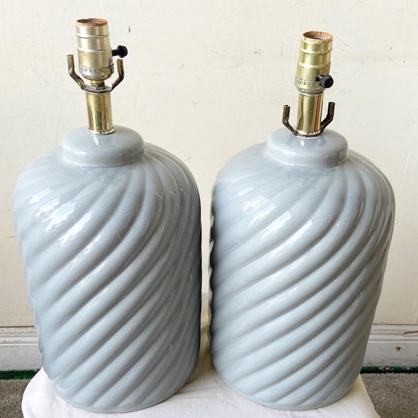 American Postmodern Gray Swirl Ceramic Table Lamps, a Pair For Sale