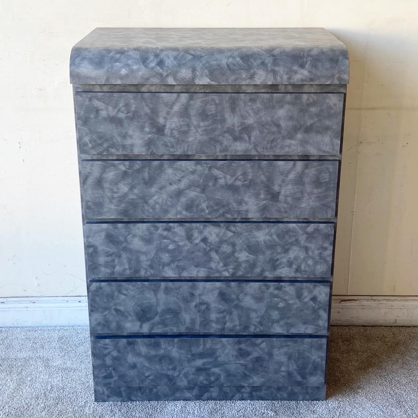 Amazing vintage 1980s postmodern waterfall highboy dresser. Features a black / grey and charcoal brush washed finish with 5 spacious drawers.