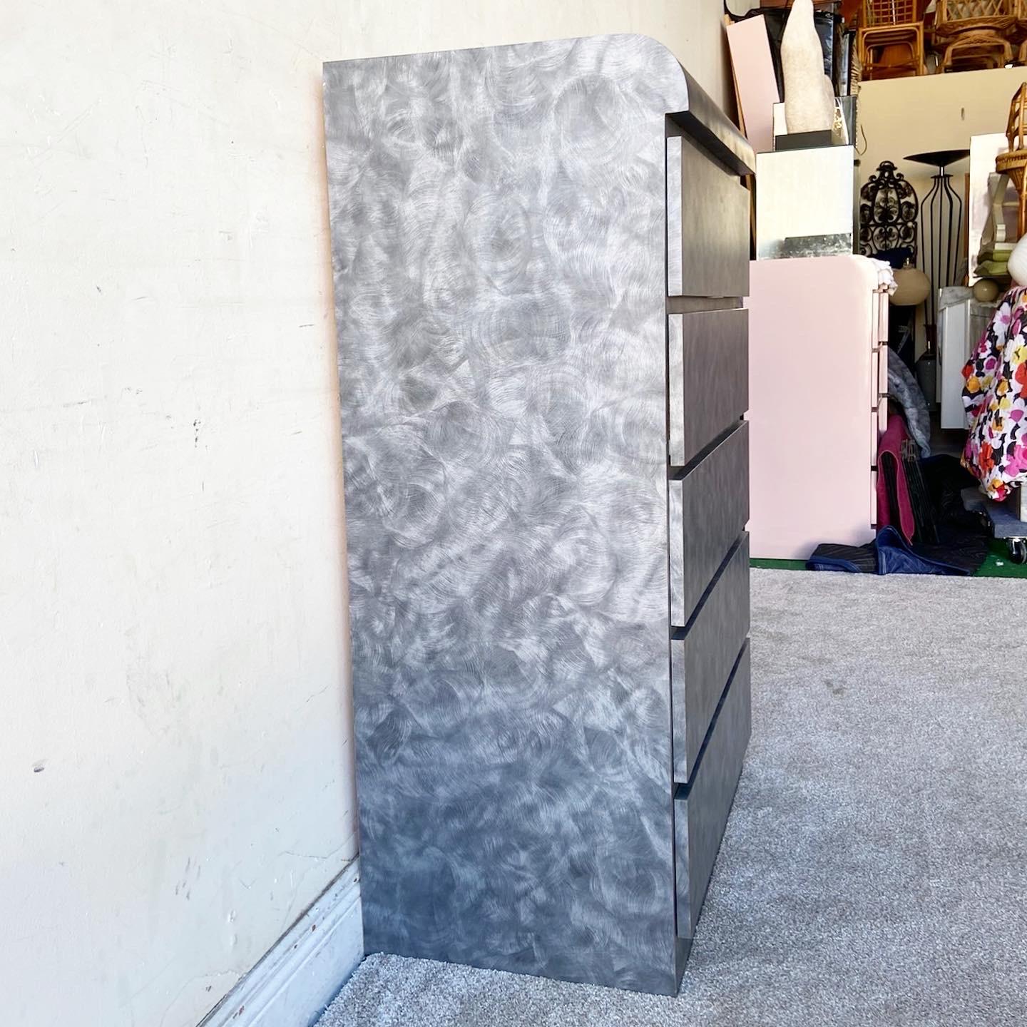 Postmodern Grey Wash Laminate Waterfall Highboy Dresser In Good Condition In Delray Beach, FL