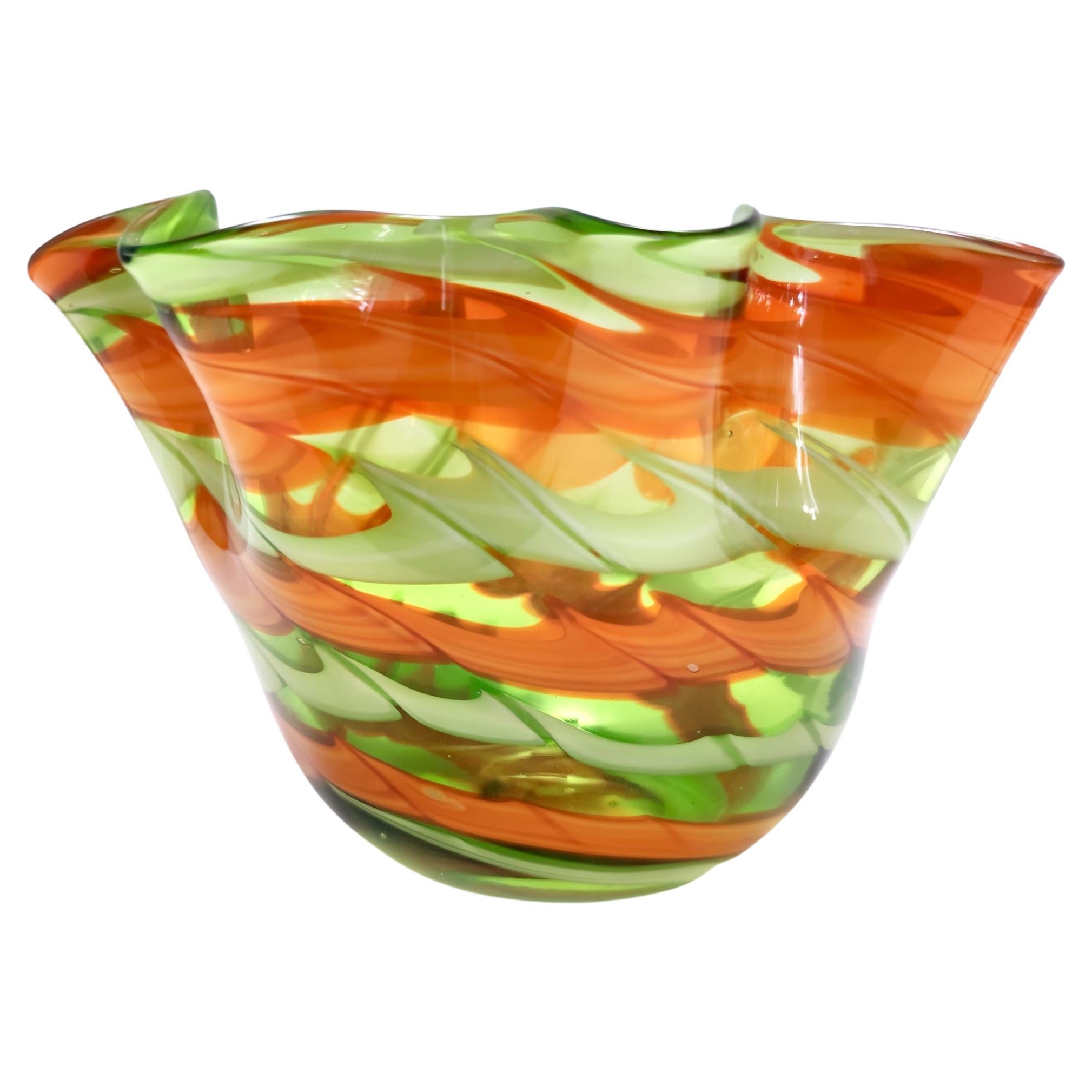 Italian Postmodern Green and Orange Murano Glass Fazzoletto Vase by Fratelli Toso, Italy For Sale
