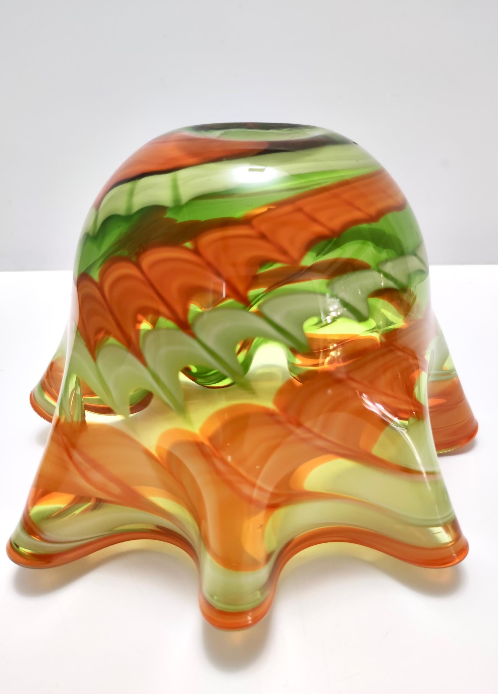 Postmodern Green and Orange Murano Glass Fazzoletto Vase by Fratelli Toso, Italy For Sale 1