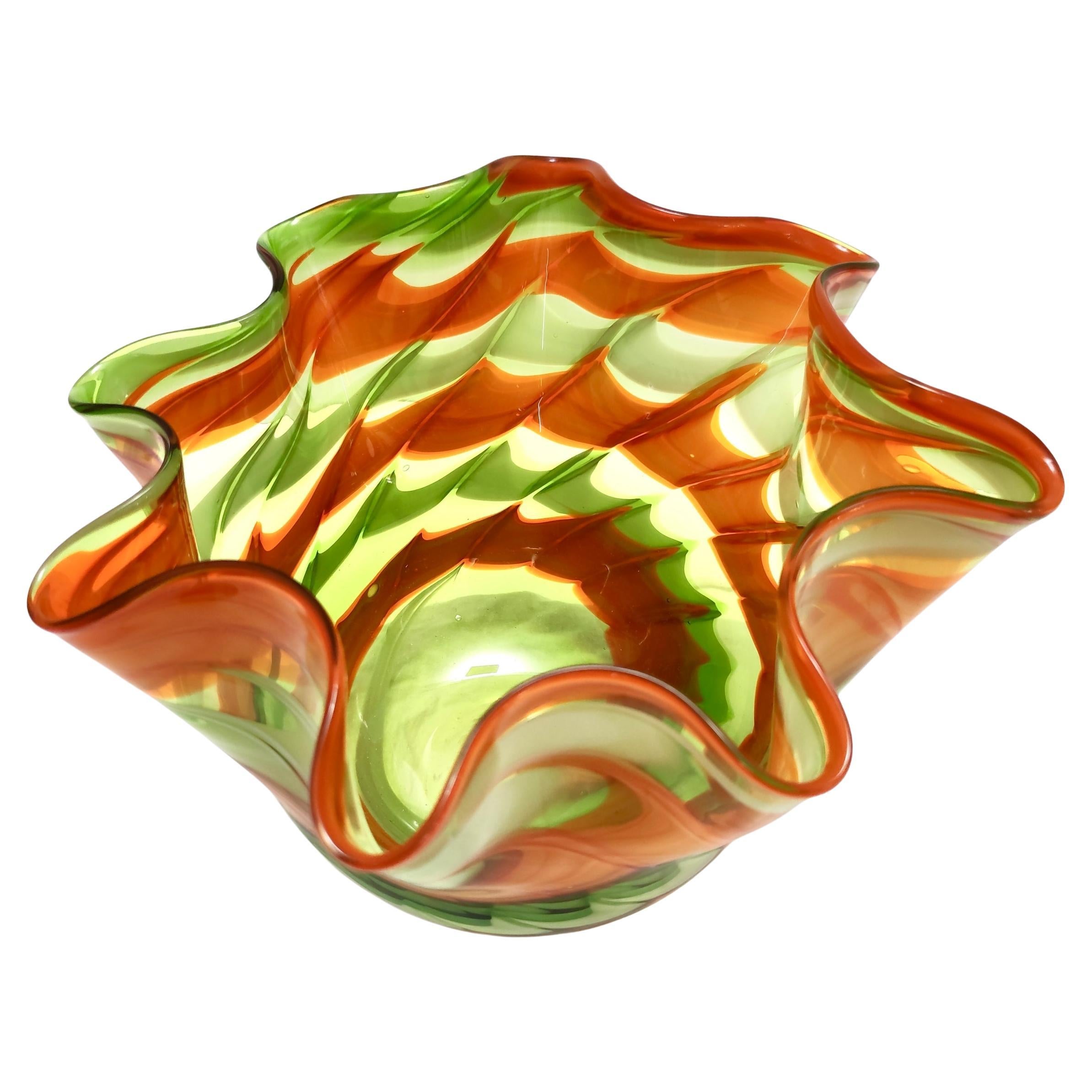 Postmodern Green and Orange Murano Glass Fazzoletto Vase by Fratelli Toso, Italy For Sale