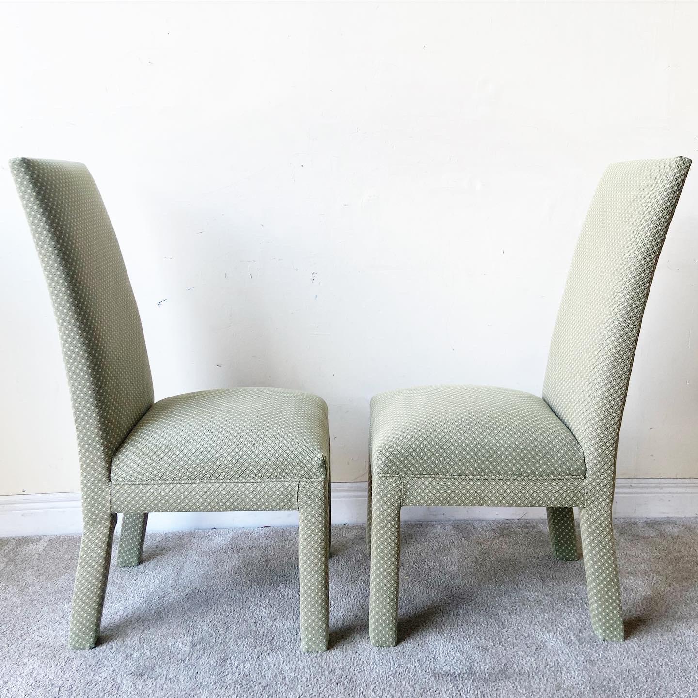 Postmodern Green Fabric Parsons Dining Chairs, Set of 6 In Good Condition In Delray Beach, FL