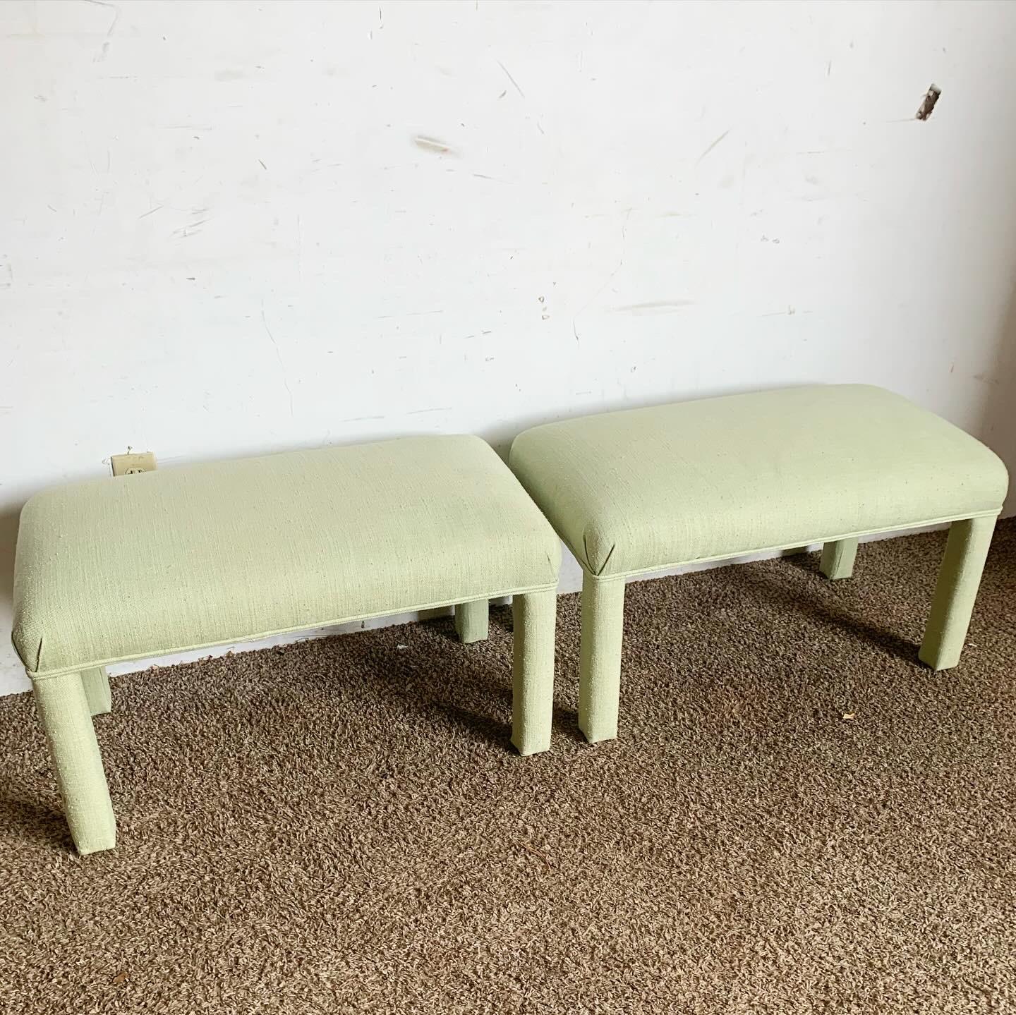 Infuse your decor with the sleek style of these Postmodern Green Fabric Parsons Low Stools. Boasting a minimalist Parsons-style silhouette in vibrant green fabric, these stools add contemporary elegance and a pop of color to any space. Ideal for
