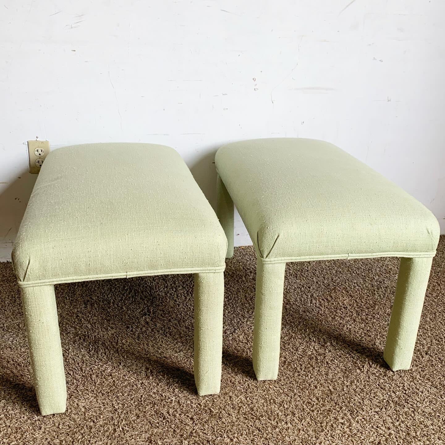 American Postmodern Green Fabric Parsons Low Stools - a Pair For Sale
