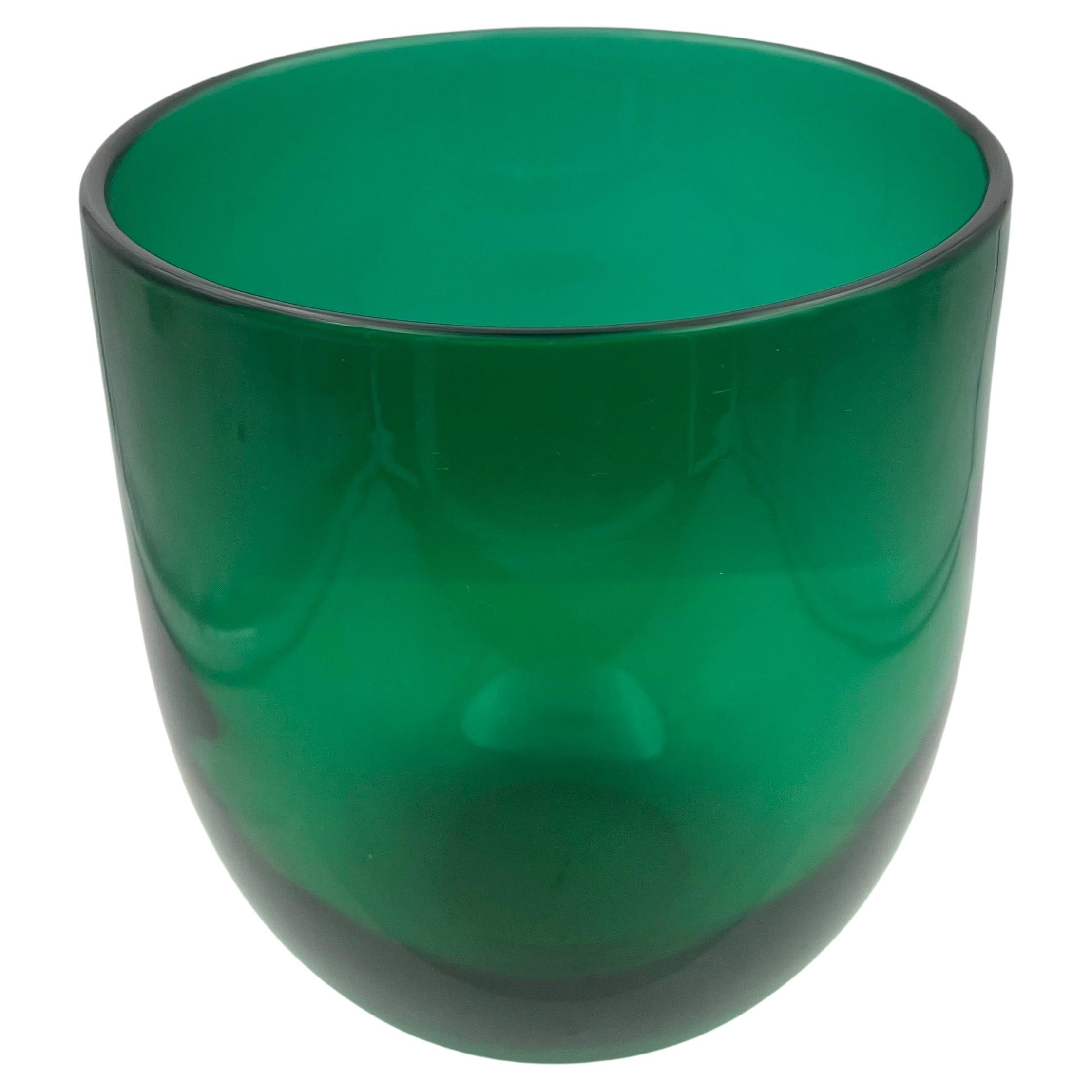 Beautiful emerald green, mouthblown glass vase with postmodern inverted dome shape, excellent condition no chips cracks or scratches with the pontil mark ground on the bottom.