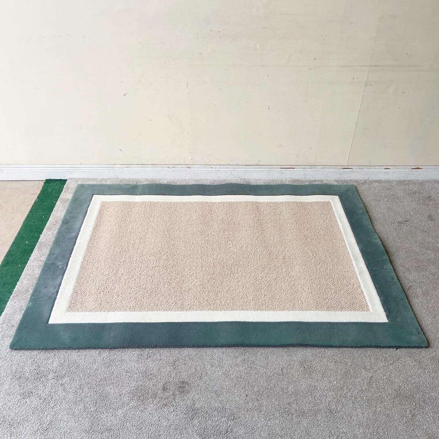 Post-Modern Postmodern Green, Off-white and Tan Rectangular Area Rug For Sale