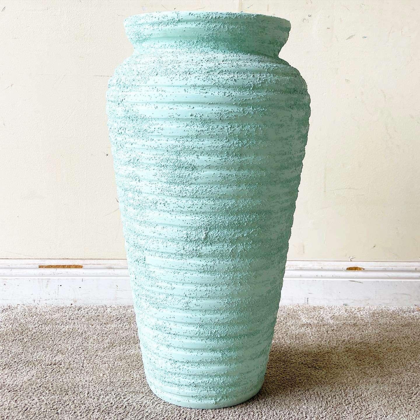 American Postmodern Green Rippled Ceramic Floor Vase For Sale